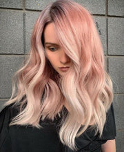 Load image into Gallery viewer, Luxury Rose Gold Platinum Blonde Balayage 100% Human Hair Swiss 13x4 Lace Front Glueless Wig Wavy U-Part, 360 or Full Lace Upgrade Available
