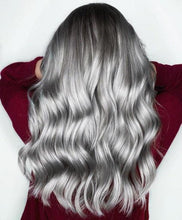 Load image into Gallery viewer, Luxury Metallic Silver Platinum Tone Balayage 100% Human Hair Swiss 13x4 Lace Front Glueless Wig Wavy U-Part, 360 or Full Lace Upgrade Available
