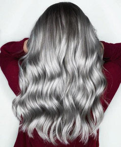 Luxury Metallic Silver Platinum Tone Balayage 100% Human Hair Swiss 13x4 Lace Front Glueless Wig Wavy U-Part, 360 or Full Lace Upgrade Available