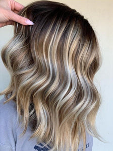Luxury 3D Balayage with Platinum  Dark Caramel Base 100% Human Hair Swiss 13x4 Lace Front Glueless Wig Wavy Full Lace Upgrade Available
