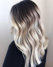 Load image into Gallery viewer, Luxury Cold White  Platinum Balayage Dark Roots 100% Human Hair Swiss 13x4 Lace Front Glueless Wig Wavy U-Part or Full Lace Upgrade Available

