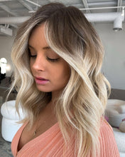 Load image into Gallery viewer, Luxury Airy Platinum Blonde Balayage Money Pieces Face Framing 100% Human Hair Swiss 13x4 Lace Front Wig Wavy Full Lace Upgrade Available
