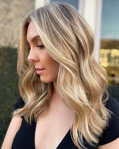 Luxury Warm Light Blonde Balayage 100% Human Hair Swiss 13x4 Lace Front Glueless Wig Wavy U-Part, 360 or Full Lace Upgrade Available
