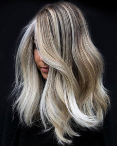 Luxury Smokey White Blonde Balayage 100% Human Hair Swiss 13x4 Lace Front Glueless Wig Wavy U-Part, 360 or Full Lace Upgrade Available