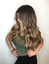 Load image into Gallery viewer, Luxury Dark Chocolate Brown Blonde Balayage Highlight 100% Human Hair Swiss 13x4 Lace Front Wig U-Part, 360 or Full Lace Upgrade Available
