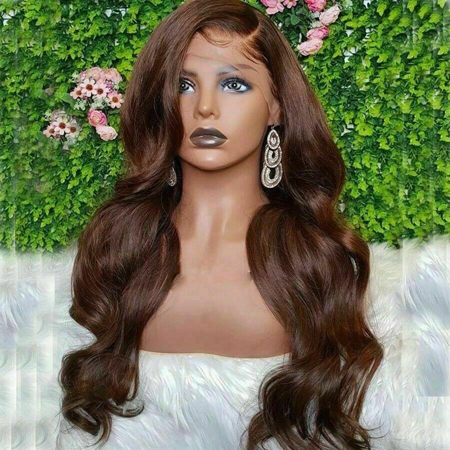 Luxury Wavy Chocolate Medium Brown 100% Human Hair Swiss 13x4 Lace Front Glueless Wig Color 4 U-Part, 360 or Full Lace Upgrade Available