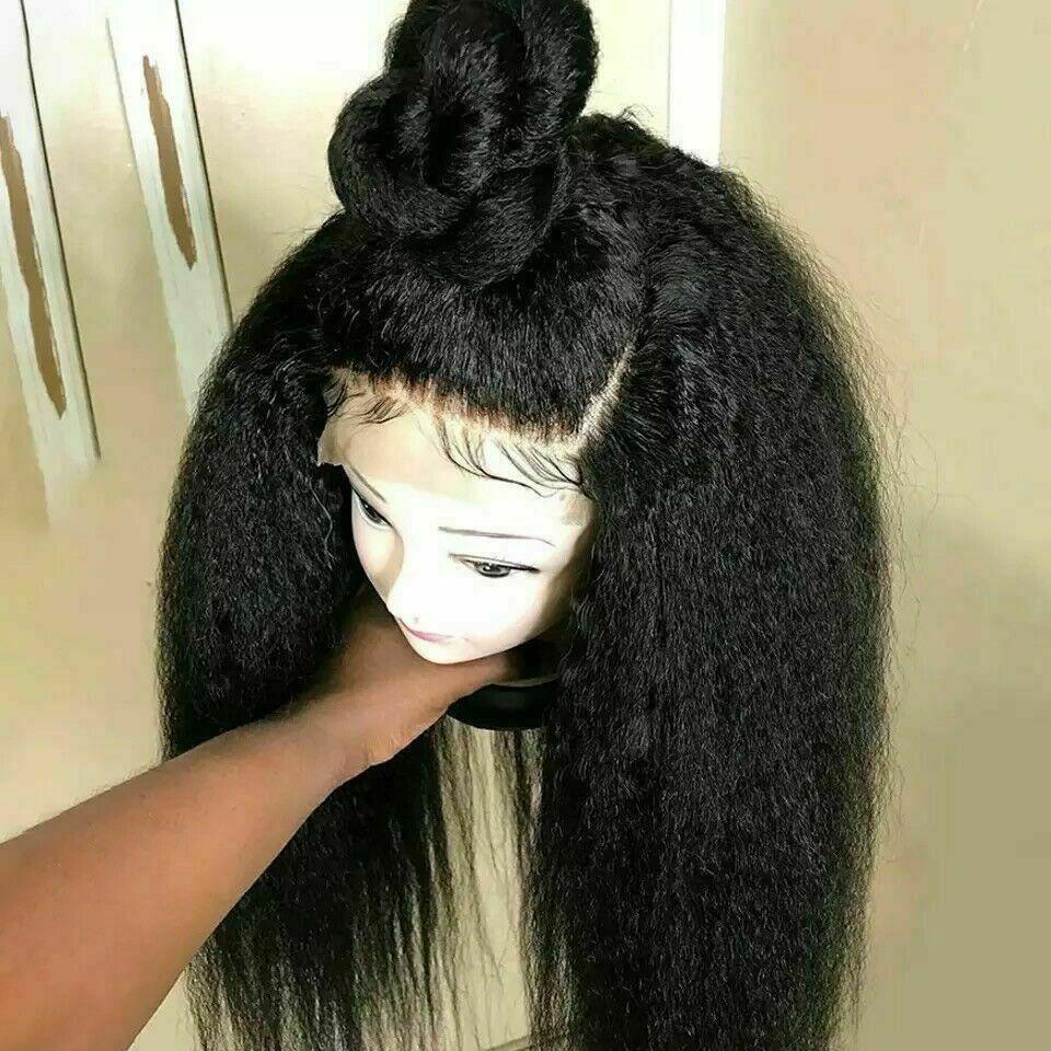 Luxury Remy Kinky Straight #1B Black 100% Human Hair Swiss 13x4 Lace Front Glueless Wig U-Part, 360 or Full Lace Upgrade Available