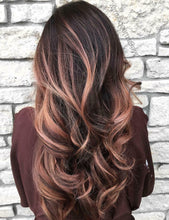 Load image into Gallery viewer, Luxury Dark Brown Rose Gold Balayage Highlight 100% Human Hair Swiss 13x4 Lace Front Glueless Wig U-Part, 360 or Full Lace Upgrade Available
