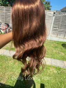 Luxury Medium Chocolate Brown 100% Human Hair Swiss 13x4 Lace Front Glueless Wig Wavy U-Part, 360 or Full Lace Upgrade Available