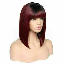 Load image into Gallery viewer, Luxury Burgundy Red Ombre Bangs Fringe Bob 100% Human Hair Swiss 13x4 Lace Front Glueless Wig Colouful U-Part or Full Lace Upgrade Available

