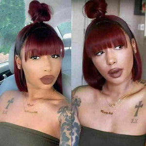Luxury Burgundy Red Ombre Bangs Fringe Bob 100% Human Hair Swiss 13x4 Lace Front Glueless Wig Colouful U-Part or Full Lace Upgrade Available