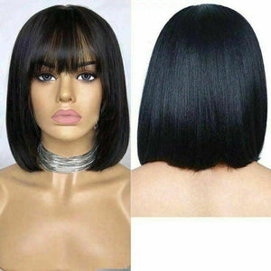 Luxury Brazilian Remy Fringe Bangs Bob #1B Black 100% Human Hair Swiss 13x4 Lace Front Glueless Wig U-Part, 360 or Full Lace Upgrade Available