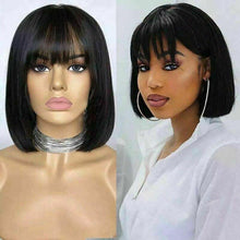Load image into Gallery viewer, Luxury Brazilian Remy Fringe Bangs Bob #1B Black 100% Human Hair Swiss 13x4 Lace Front Glueless Wig U-Part, 360 or Full Lace Upgrade Available
