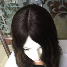 Load image into Gallery viewer, Luxury 4”x4” Silk Top Base Human Hair Balayage Toupee Women Jewish Kosher Hair Piece Topper 130% Dark Brown Blonde Virgin Kippah Highlight
