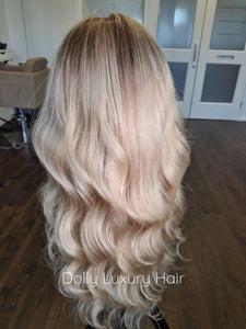 Luxury Light Golden Blonde Balayage Highlight 100% Human Hair Swiss 13x4 Lace Front Glueless Wig U-Part, 360 or Full Lace Upgrade Available