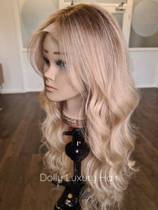 Luxury Light Golden Blonde Balayage Highlight 100% Human Hair Swiss 13x4 Lace Front Glueless Wig U-Part, 360 or Full Lace Upgrade Available