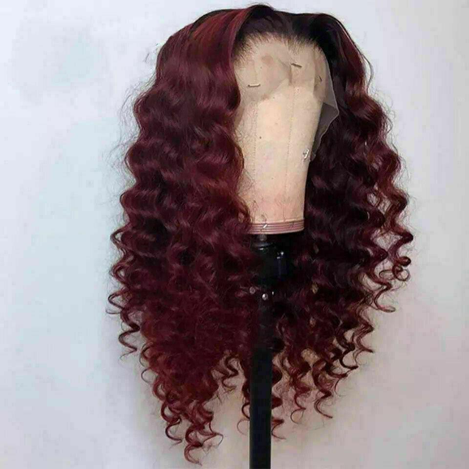 Luxury Remy Burgundy Red #99J Deep Wave 100% Human Hair Swiss 13x4 Lace Front Glueless Wig Wavy Colouful U-Part or Full Lace Upgrade Available