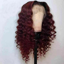 Load image into Gallery viewer, Luxury Remy Burgundy Red #99J Deep Wave 100% Human Hair Swiss 13x4 Lace Front Glueless Wig Wavy Colouful U-Part or Full Lace Upgrade Available
