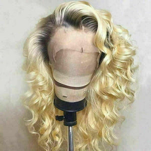 Luxury Remy Platinum Blonde Ombre 100% Human Hair Swiss 13x4 Lace Front Glueless Wig Wavy Curly U-Part, 360 or Full Lace Upgrade Available