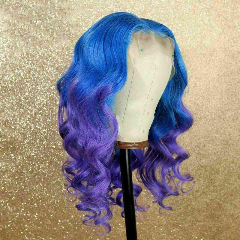 Luxury Royal Blue Purple Ombre Wavy Bright 100% Human Hair Swiss 13x4 Lace Front Wig Colourful U-Part, 360 or Full Lace Upgrade Available