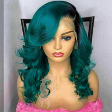 Load image into Gallery viewer, Luxury Remy Ombre Teal Green 100% Human Hair Swiss 13x4 Lace Front Glueless Wig Body Wave Wavy Colouful U-Part or Full Lace Upgrade Available
