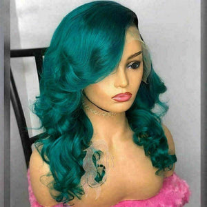 Luxury Remy Ombre Teal Green 100% Human Hair Swiss 13x4 Lace Front Glueless Wig Body Wave Wavy Colouful U-Part or Full Lace Upgrade Available