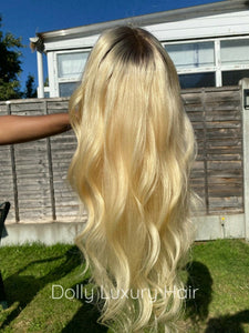 Luxury Platinum Blonde Dark Roots 100% Human Hair Swiss 13x4 Lace Front Glueless Wig U-Part, 360 or Full Lace Upgrade Available