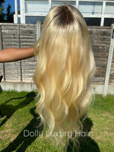 Load image into Gallery viewer, Luxury Platinum Blonde Dark Roots 100% Human Hair Swiss 13x4 Lace Front Glueless Wig U-Part, 360 or Full Lace Upgrade Available
