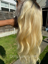 Load image into Gallery viewer, Luxury Platinum Blonde Dark Roots 100% Human Hair Swiss 13x4 Lace Front Glueless Wig U-Part, 360 or Full Lace Upgrade Available
