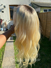 Load image into Gallery viewer, Luxury Platinum Blonde Dark Roots 100% Human Hair Swiss 13x4 Lace Front Glueless Wig U-Part, 360 or Full Lace Upgrade Available

