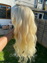 Load image into Gallery viewer, Luxury Platinum Blonde Dark Roots 100% Human Hair Swiss 13x4 Lace Front Glueless Wig U-Part, 360 or Full Lace Upgrade Available
