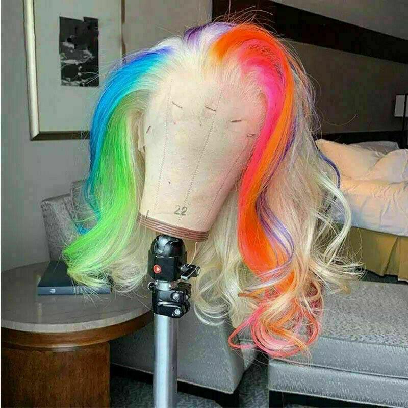 Luxury Lace Rainbow Orange Purple Green Blue Neon Bright Cosplay 100% Human Hair Swiss 13x4 Lace Front Glueless Wig Colouful