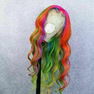 Luxury Lace Rainbow Orange Purple Green Blue Carnival Cosplay 100% Human Hair Swiss 13x4 Lace Front Glueless Wig Colouful