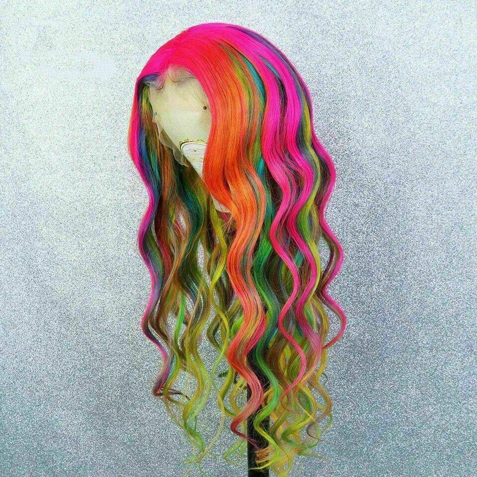 Luxury Lace Rainbow Orange Purple Green Blue Carnival Cosplay 100% Human Hair Swiss 13x4 Lace Front Glueless Wig Colouful