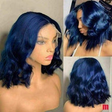 Load image into Gallery viewer, Luxury Remy Deep Blue Bob 100% Human Hair Swiss 13x4 Lace Front Glueless Wig Wavy Blunt Cut Navy Short Colouful Full Lace Upgrade Available
