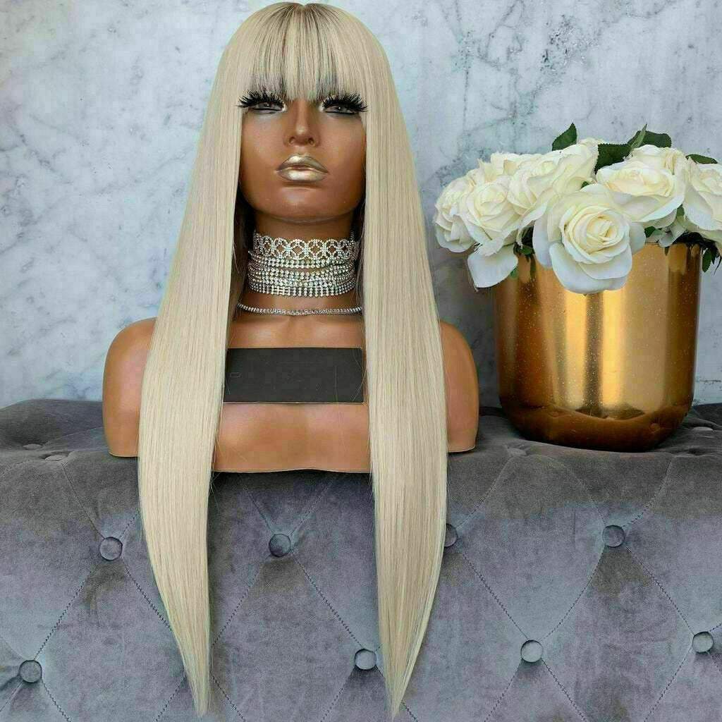 Luxury Platinum Blonde Fringe Bangs 100% Human Hair Swiss 13x4 Lace Front Glueless Wig U-Part, 360 or Full Lace Upgrade Available