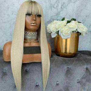 Luxury Platinum Blonde Fringe Bangs 100% Human Hair Swiss 13x4 Lace Front Glueless Wig U-Part, 360 or Full Lace Upgrade Available