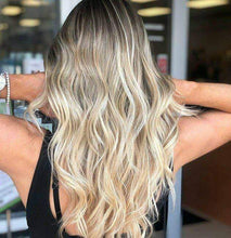 Load image into Gallery viewer, Luxury Light Ash Blonde Balayage Highlight Ombre 100% Human Hair Swiss 13x4 Lace Front Glueless Wig U-Part, 360 or Full Lace Upgrade Available
