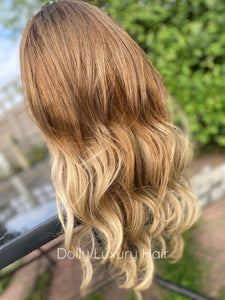 Luxury Remy Wavy Ash Blonde Ombre 100% Human Hair Swiss 13x4 Lace Front Wig Balayage Highlight U-Part, 360 or Full Lace Upgrade Available