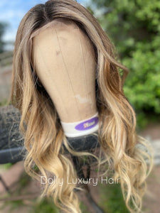 Luxury Remy Wavy Ash Blonde Ombre 100% Human Hair Swiss 13x4 Lace Front Wig Balayage Highlight U-Part, 360 or Full Lace Upgrade Available