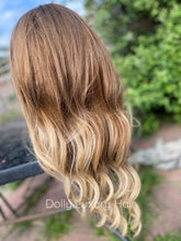 Load image into Gallery viewer, Luxury Remy Wavy Ash Blonde Ombre 100% Human Hair Swiss 13x4 Lace Front Wig Balayage Highlight U-Part, 360 or Full Lace Upgrade Available
