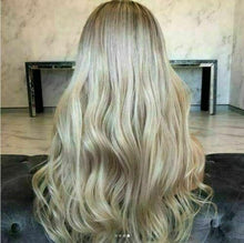 Load image into Gallery viewer, Luxury Dirty Blonde Balayage Highlight 100% Human Hair Swiss 13x4 Lace Front Glueless Wig Brown Roots U-Part, 360 or Full Lace Upgrade Available

