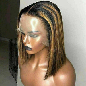 Luxury Remy Bob Ombre Balayage Highlight 100% Human Hair Swiss 13x4 Lace Front Wig Blonde Brown U-Part, 360 or Full Lace Upgrade Available