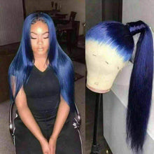 Load image into Gallery viewer, Luxury Midnight Blue Silky Straight 100% Human Hair Swiss 13x4 Lace Front Glueless Wig Colouful U-Part or Full Lace Upgrade Available
