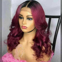 Load image into Gallery viewer, Luxury Remy Wavy Ombre Red 100% Human Hair Swiss 13x4 Lace Front Glueless Wig Burgundy #99J Colouful U-Part or Full Lace Upgrade Available
