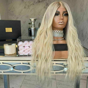 Luxury Remy Platinum Blonde Ombre 100% Human Hair Swiss 13x4 Lace Front Glueless Wig Wavy U-Part, 360 or Full Lace Upgrade Available