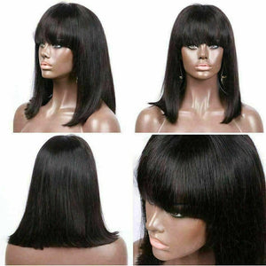 Luxury Brazilian Fringe Bangs Bob #1B Black 100% Human Hair Swiss 13x4 Lace Front Glueless Wig Short U-Part, 360 or Full Lace Upgrade Available