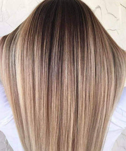 Luxury Light Ash Honey Blonde Brown Balayage Highlight 100% Human Hair Swiss 13x4 Lace Front Wig U-Part, 360 or Full Lace Upgrade Available