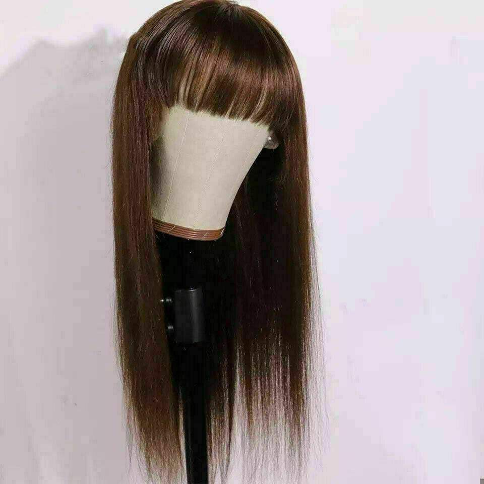 Luxury Medium Brown Fringe Bangs 100% Human Hair Swiss 13x4 Lace Front Glueless Wig U-Part, 360 or Full Lace Upgrade Available