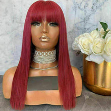 Load image into Gallery viewer, Luxury Red Burgundy Fringe Bangs 100% Human Hair Swiss 13x4 Lace Front Glueless Wig Colouful U-Part, 360 or Full Lace Upgrade Available

